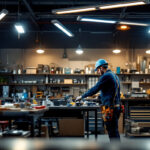 A photograph of a well-lit workshop or garage featuring various plug-in led shop lights in use