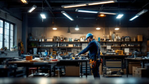 A photograph of a well-lit workshop or garage featuring various plug-in led shop lights in use