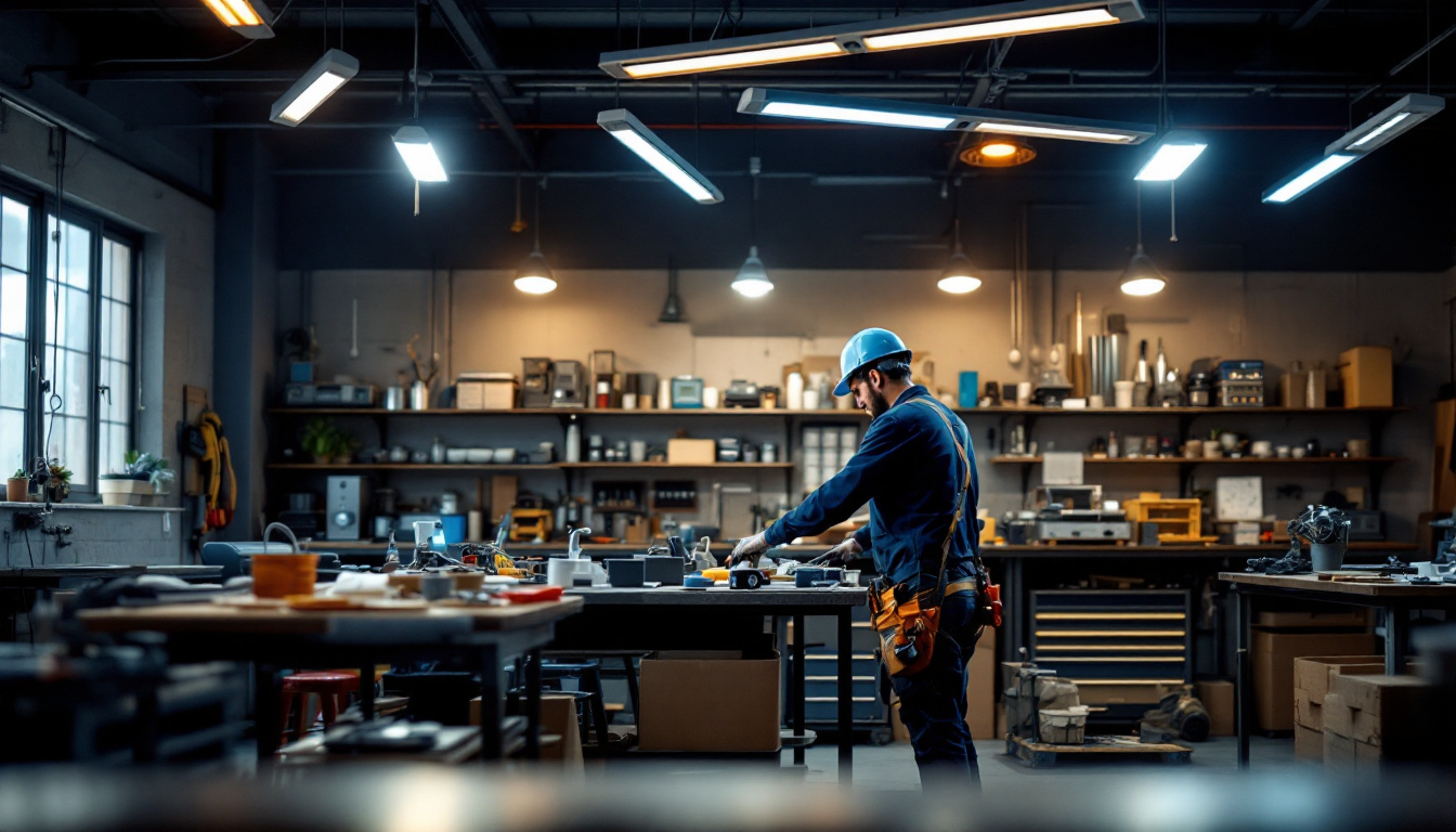 A photograph of a well-lit workshop or garage featuring various plug-in led shop lights in use