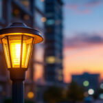 A photograph of a solar-powered light post illuminated at dusk