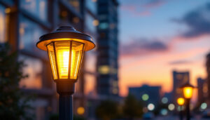 A photograph of a solar-powered light post illuminated at dusk