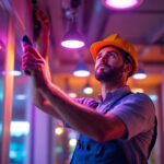 A photograph of a skilled lighting contractor expertly installing led fixtures in a modern interior space