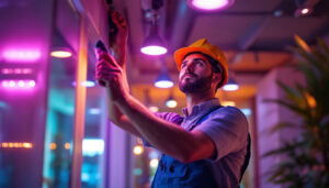 A photograph of a skilled lighting contractor expertly installing led fixtures in a modern interior space