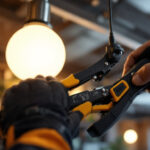 A photograph of a lighting contractor using cable grippers to securely install lighting fixtures in a commercial space