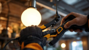 A photograph of a lighting contractor using cable grippers to securely install lighting fixtures in a commercial space