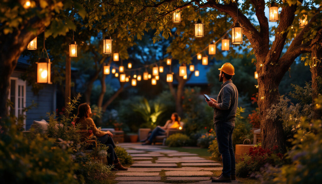 A photograph of a beautifully arranged outdoor scene featuring solar lanterns hanging from trees or structures