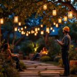 A photograph of a beautifully arranged outdoor scene featuring solar lanterns hanging from trees or structures