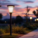 A photograph of a beautifully illuminated solar post lamp in an outdoor setting during twilight