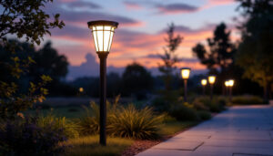 A photograph of a beautifully illuminated solar post lamp in an outdoor setting during twilight
