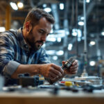 A photograph of a lighting contractor carefully inspecting or installing ballast components in a well-lit workspace