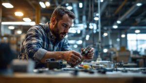 A photograph of a lighting contractor carefully inspecting or installing ballast components in a well-lit workspace