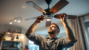 A photograph of a skilled lighting contractor assembling or installing various parts of a ceiling fan