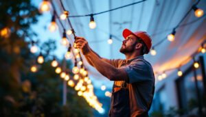A photograph of a lighting contractor installing canopy lights in an outdoor setting