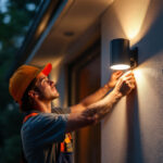 A photograph of capture a photograph of a skilled lighting contractor installing sleek exterior cylinder lights on a modern home