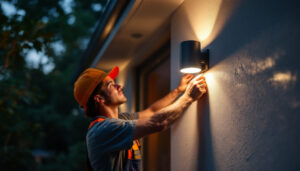 A photograph of capture a photograph of a skilled lighting contractor installing sleek exterior cylinder lights on a modern home