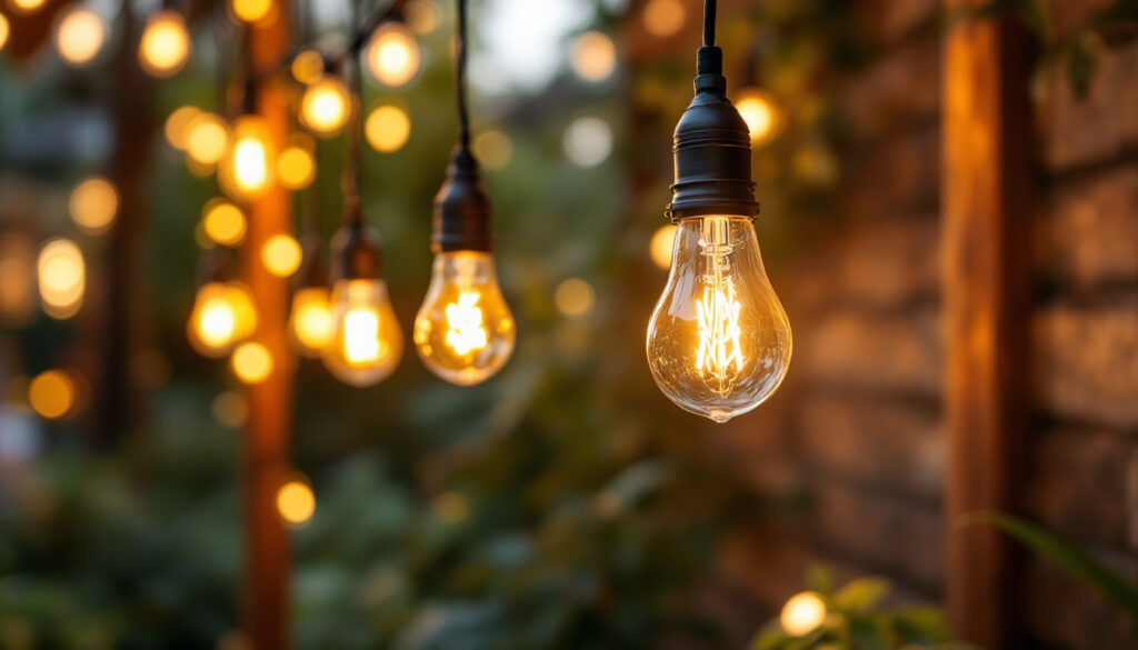 A photograph of a well-lit outdoor setting featuring a variety of light bulb sockets in use