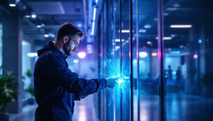 A photograph of a professional lighting contractor demonstrating the use of a uv light sanitiser in a clean