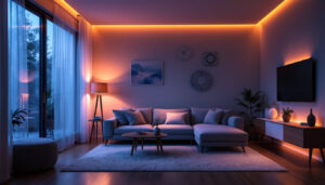 A photograph of capture a photograph of a modern living space illuminated by 5 ft led lights
