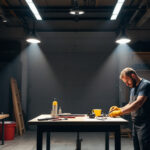 A photograph of a well-lit workshop or garage space showcasing both 4ft and 8ft shop lights in use