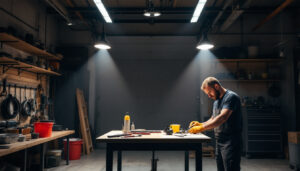 A photograph of a well-lit workshop or garage space showcasing both 4ft and 8ft shop lights in use