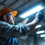 A photograph of a lighting contractor installing a 4ft led shop light in a commercial space