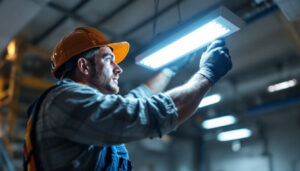 A photograph of a lighting contractor installing a 4ft led shop light in a commercial space