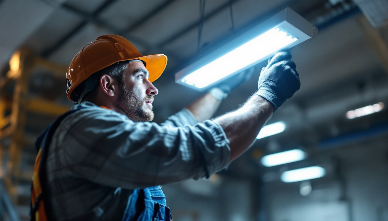 A photograph of a lighting contractor installing a 4ft led shop light in a commercial space