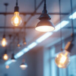 A photograph of capture a photograph of a modern lighting installation featuring keystone ballasts