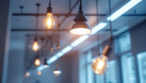 A photograph of capture a photograph of a modern lighting installation featuring keystone ballasts