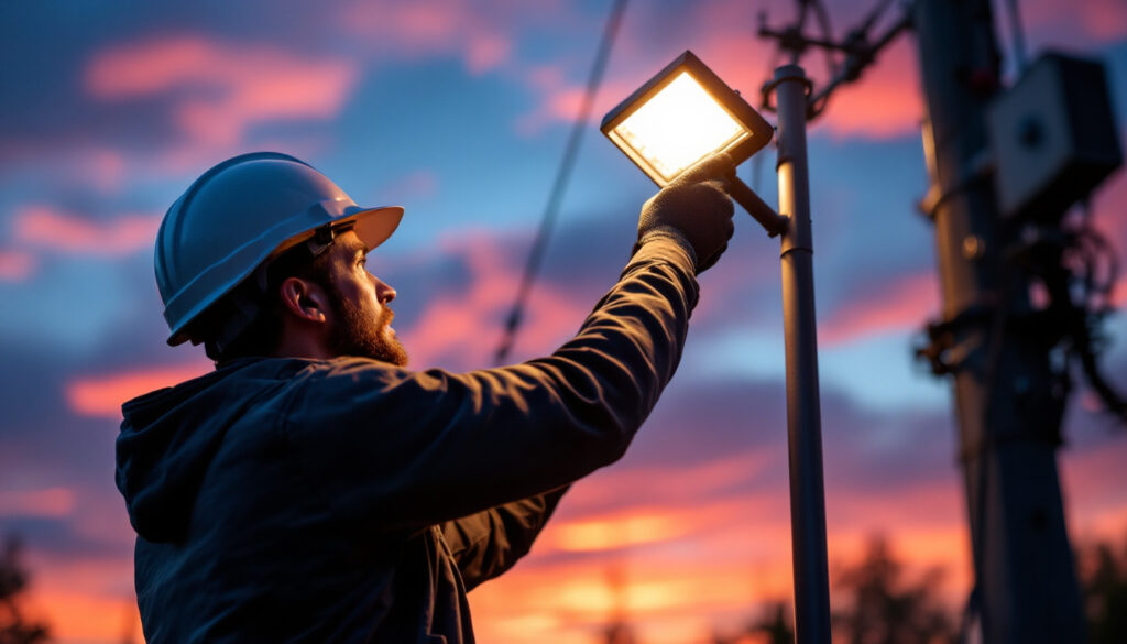 A photograph of a skilled lighting contractor installing or adjusting a sleek