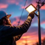 A photograph of a skilled lighting contractor installing or adjusting a sleek