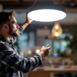 A photograph of a skilled lighting contractor installing or adjusting a circular led light fixture in a modern interior space