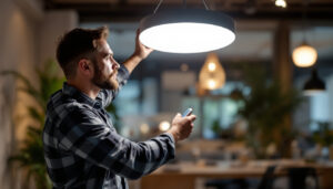 A photograph of a skilled lighting contractor installing or adjusting a circular led light fixture in a modern interior space