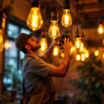 A photograph of a warm and inviting space illuminated by vintage-style retro light bulbs