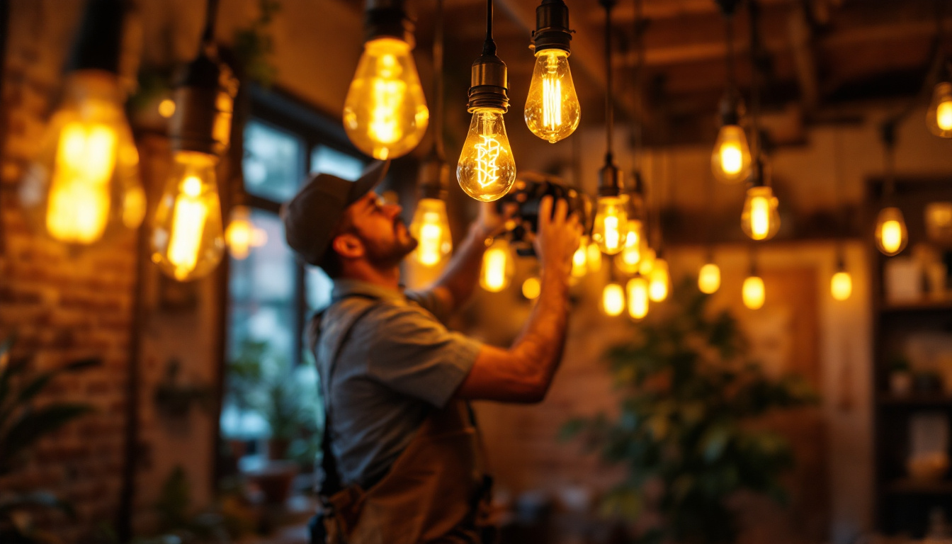 A photograph of a warm and inviting space illuminated by vintage-style retro light bulbs