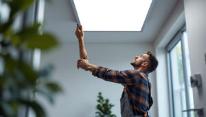 A photograph of a lighting contractor installing a sleek flat panel light in a modern space
