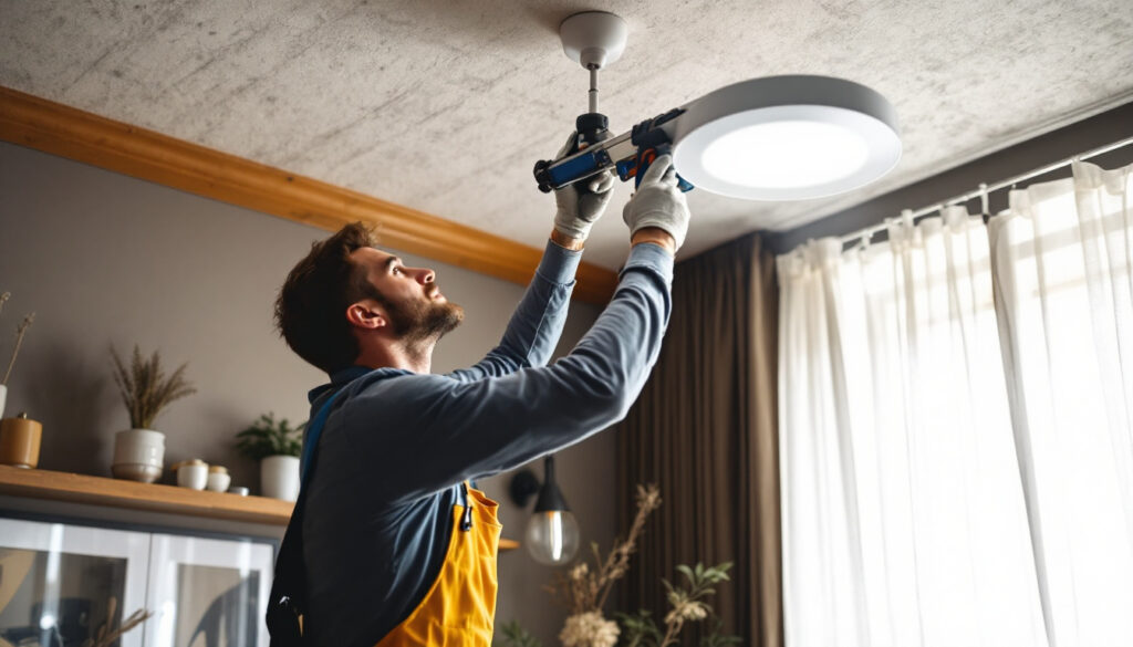 A photograph of capture a photograph of a lighting contractor expertly installing a modern canopy light fixture in a stylish interior space