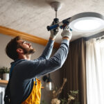 A photograph of capture a photograph of a lighting contractor expertly installing a modern canopy light fixture in a stylish interior space