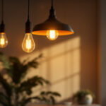 A photograph of a stylish pendant light installation in a modern interior setting