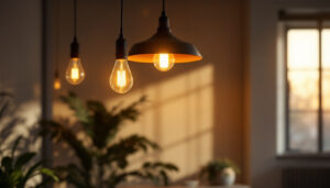 A photograph of a stylish pendant light installation in a modern interior setting