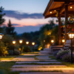 A photograph of a beautifully illuminated outdoor space featuring various styles of solar lights in use