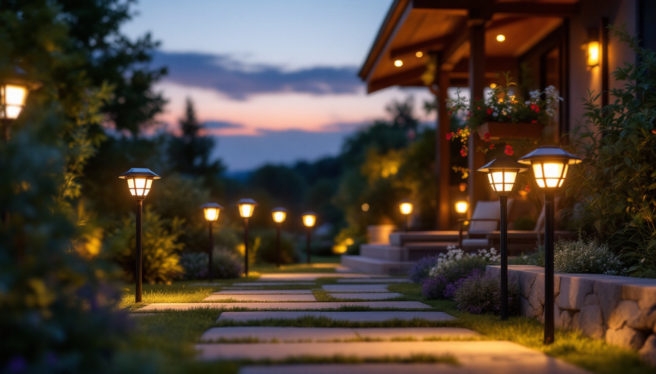 A photograph of a beautifully illuminated outdoor space featuring various styles of solar lights in use