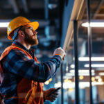 A photograph of a lighting contractor expertly installing led lights in a modern commercial space