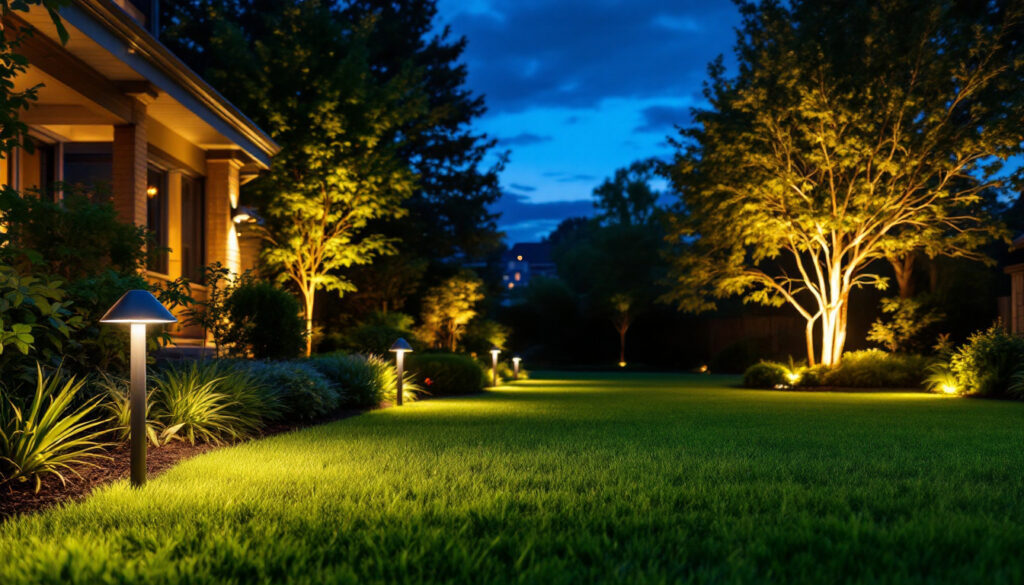 A photograph of a beautifully illuminated lawn at dusk