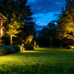 A photograph of a beautifully illuminated lawn at dusk