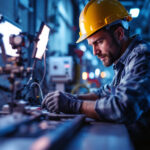 A photograph of a lighting contractor working with uv ray lighting equipment in a well-lit environment