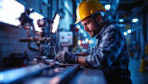A photograph of a lighting contractor working with uv ray lighting equipment in a well-lit environment