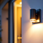 A photograph of a well-lit exterior wall mounted light illuminating a stylish entryway or outdoor space