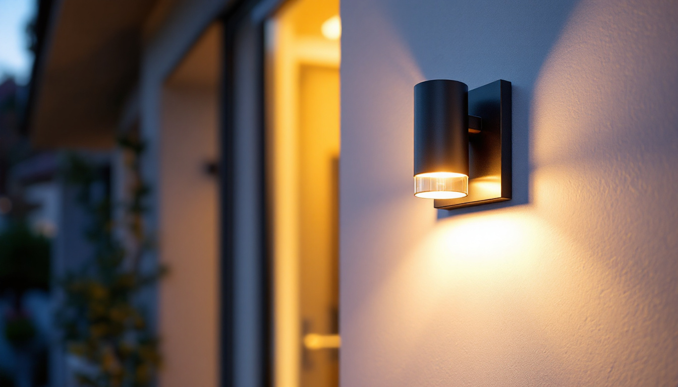 A photograph of a well-lit exterior wall mounted light illuminating a stylish entryway or outdoor space
