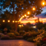 A photograph of a beautifully illuminated outdoor space featuring solar-powered lights integrated into a garden or patio setting